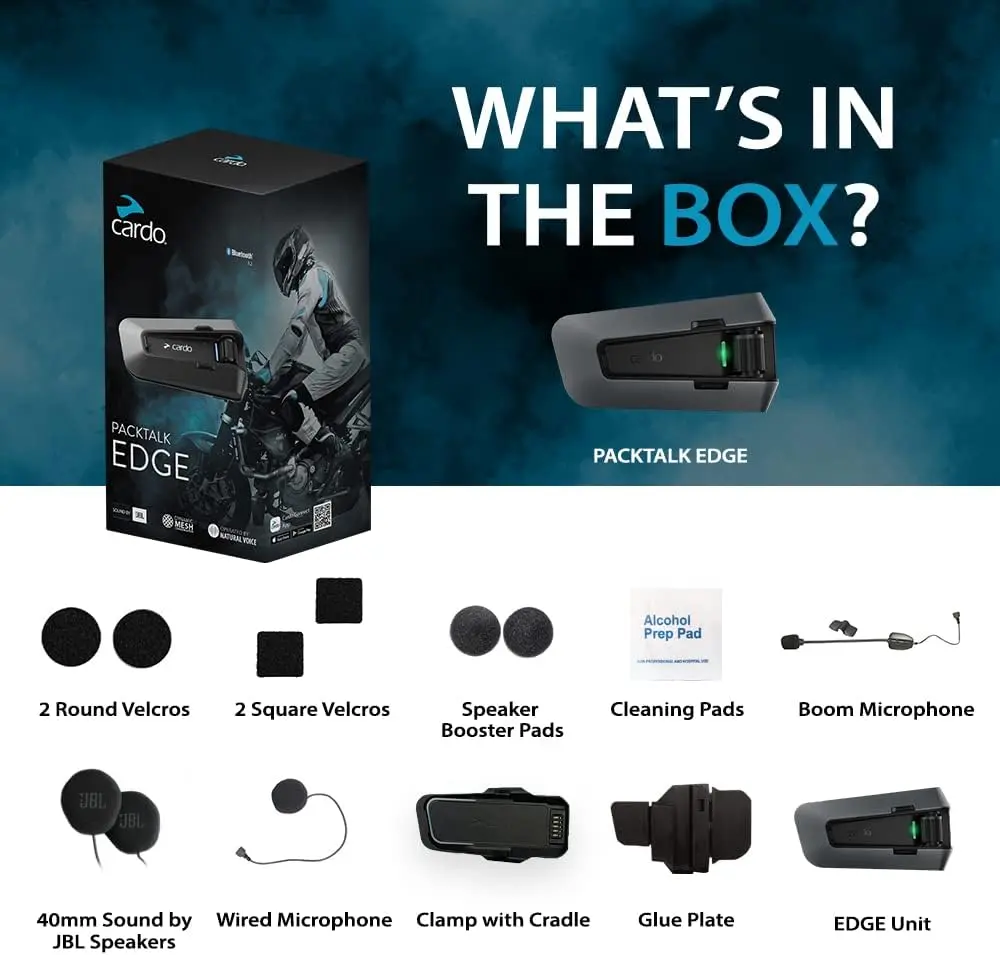 Contenido de la caja y componentes del kit del intercomunicador Cardo Packtalk Edge